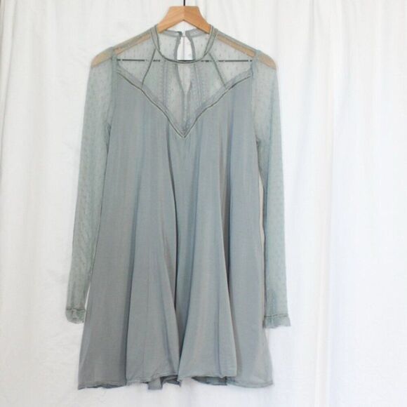 Urban Outfitters Kimchi Blue Embroidered Blue Mesh Mock Neck Frock Dress Medium - Picture 6 of 13